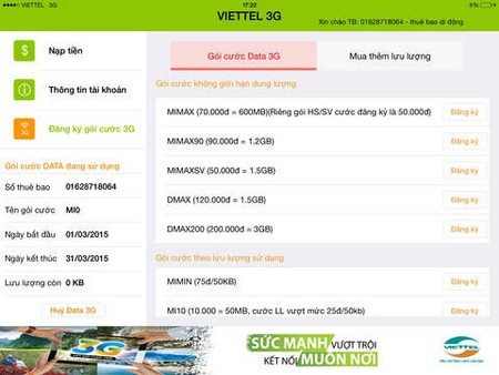 Ứng dụng Viettel 3G được Viettel xây dựng dành riêng cho người dùng iPad đăng ký và quản lý dịch vụ 3G trên thiết bị của mình
