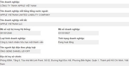 Apple âm thầm thành lập công ty đại diện tại Việt Nam - 1
Thông tin về công ty Apple Việt Nam trên trang web của Cục đăng ký kinh doanh (Bộ Kế hoạch & Đầu tư)