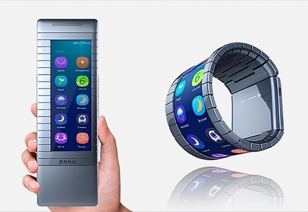 Trung Quốc giới thiệu smartphone có thể bẻ cong thành smartwatch - 1 Ý tưởng smartphone có thể biến thành smartwatch của Moxi Group. Bên cạnh phần màn hình uốn cong toàn bộ vẫn còn một phần thiết bị được giữ thẳng để chứa các linh kiện bên trong