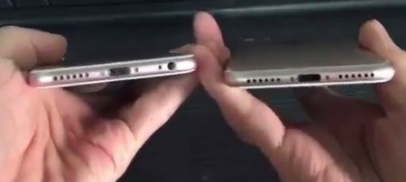 Lộ video so sánh iPhone 7 và iPhone 6s phiên bản hồng - 1 Giắc cắm phone 3,5mm đã bị loại bỏ trên iPhone 7 (phải), thay vào đó là một hàng loa mới ở cạnh dưới sản phẩm