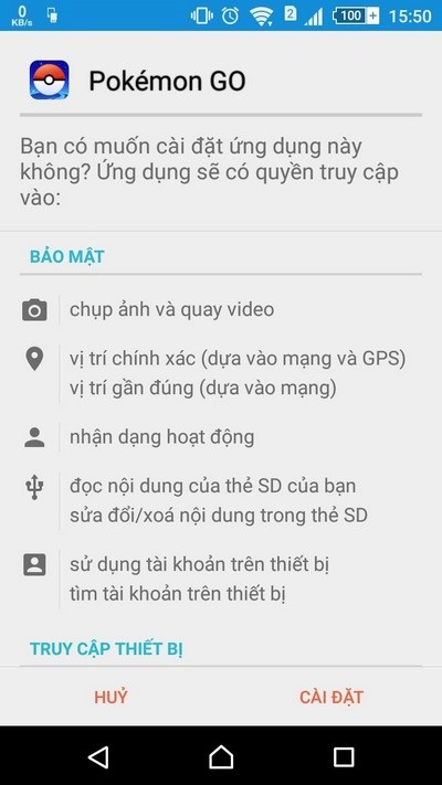 Tựa game “gây sốt” Pokemon GO là công cụ gián điệp của tình báo Mỹ? - 2 Pokemon GO đòi hỏi nhiều quyền hạn truy cập khi cài đặt trên thiết bị của người dùng