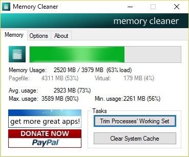 Bộ nhớ RAM trước (trên, chiếm 2832MB) và sau khi được phần mềm tối ưu (chỉ còn chiếm 2520MB)