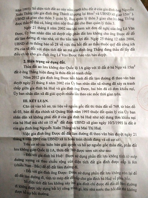 Quyết định giải quyết tranh chấp đất của UBND xã Quảng Bình
