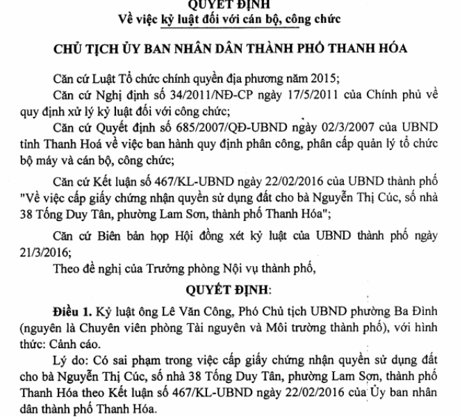 Quyết định kỷ luật ôn Lê Văn Công, Phó Chủ tịch UBND phường Ba Đình