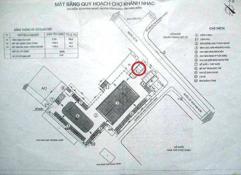 Vụ tìm công lý 35 m2 đất: Gia đình liệt sĩ cầu cứu đến lãnh đạo Trung ương - 3 Mặt bằng quy hoạch chợ Khánh Nhạc , vòng tròn đỏ là diện tích đất 35 m2 của gia đình bà Hiềng, khi bị thu hồi sẽ được xây dựng ki ốt hàng bách hóa để cho thuê.