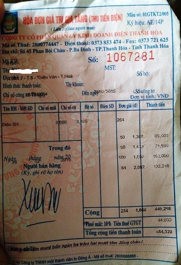 Hóa đơn thu tiền gộp 5 tháng tiền điện của một hộ dân xã Thiệu Vân