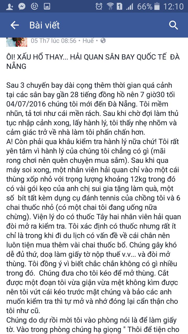 Tạm điều chuyển hai nhân viên hải quan bị tố nhũng nhiễu - 1
Thông tin cô N. đăng tải trên Facebook cá nhân.