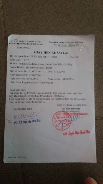 Giấy hẹn khám lại cho chị Thanh của Bệnh viện Ung bướu Đà Nẵng