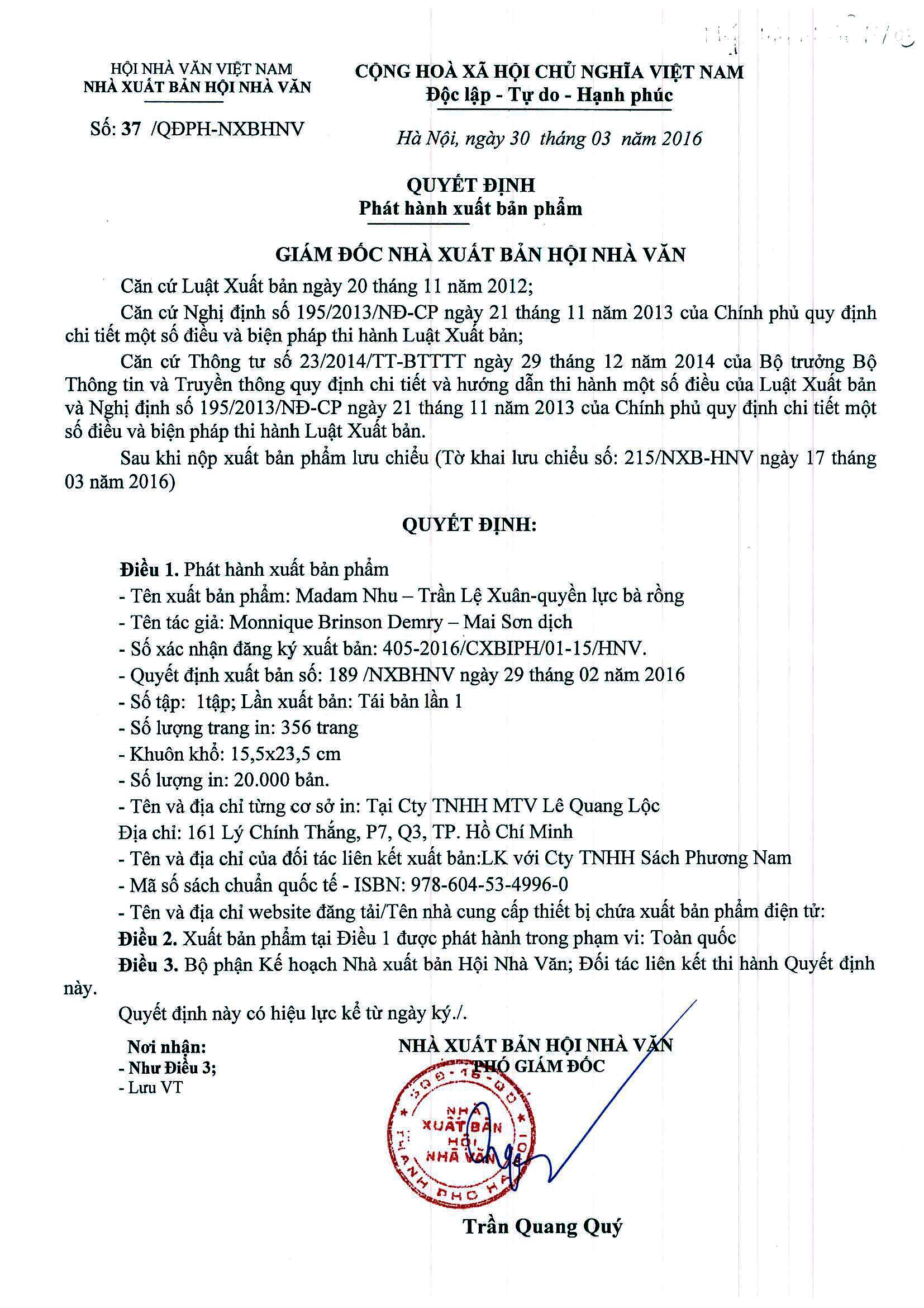 Phản hồi việc thu hồi sách “Madam Nhu Trần Lệ Xuân - Quyền lực bà Rồng” - 4 Quyết định cấp phép phát hành “Madam Nhu Trần Lệ Xuân – Quyền lực Bà Rồng” sau khi hiệu đính, chỉnh sửa theo yêu cầu.