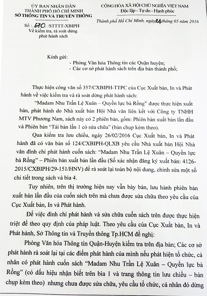 Phản hồi việc thu hồi sách “Madam Nhu Trần Lệ Xuân - Quyền lực bà Rồng” - 1 Phản hồi việc thu hồi sách “Madam Nhu Trần Lệ Xuân - Quyền lực bà Rồng” - 1