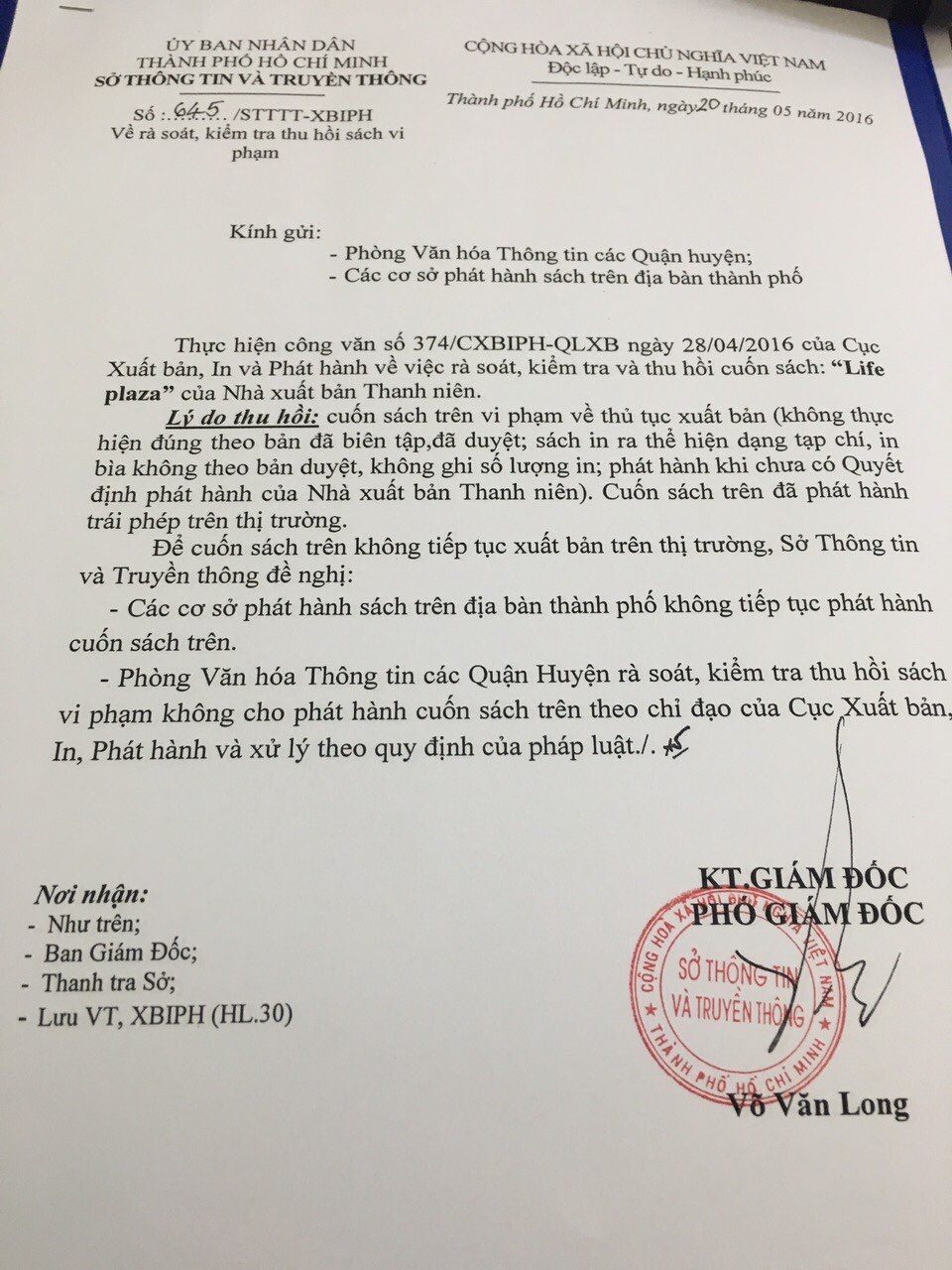 Phản hồi việc thu hồi sách “Madam Nhu Trần Lệ Xuân - Quyền lực bà Rồng” - 5 Công văn thu hồi tạp chí Life Plaza