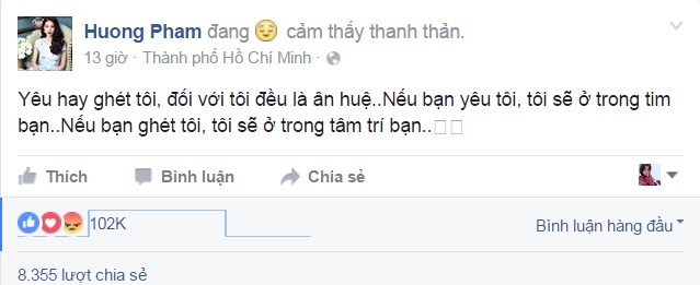 Lan Khuê xin lỗi vì lúc bức xúc đã không giữ được bình tĩnh - 3 Status gây chú ý của Phạm Hương trên trang cá nhân