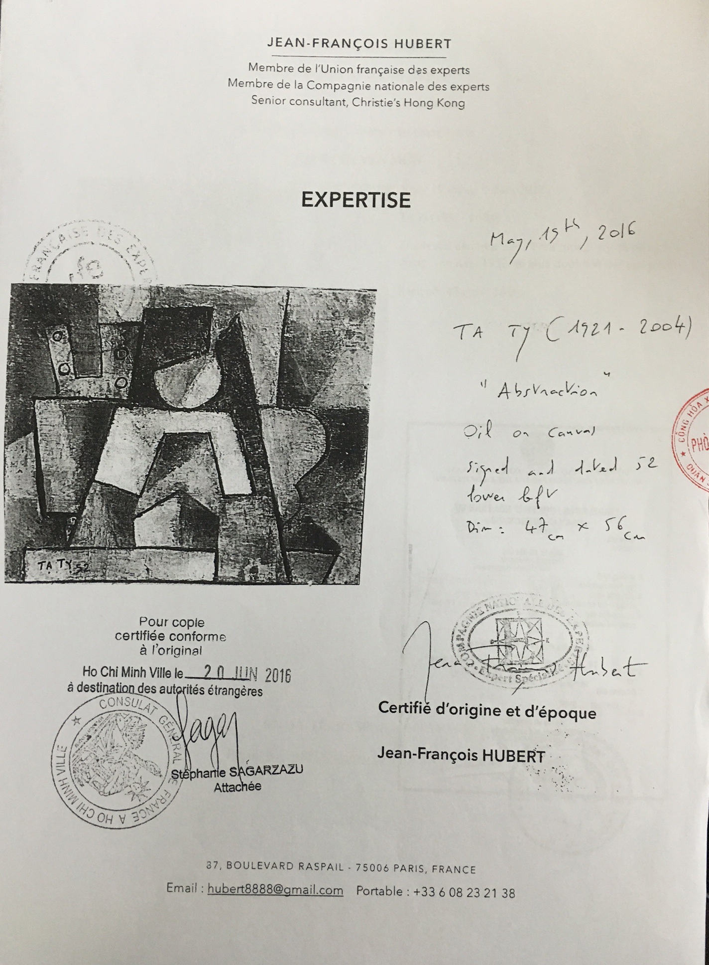 Giấy giám định do ông Hubert khẳng định tranh thật để đưa tranh vào bảo tàng triển lãm.