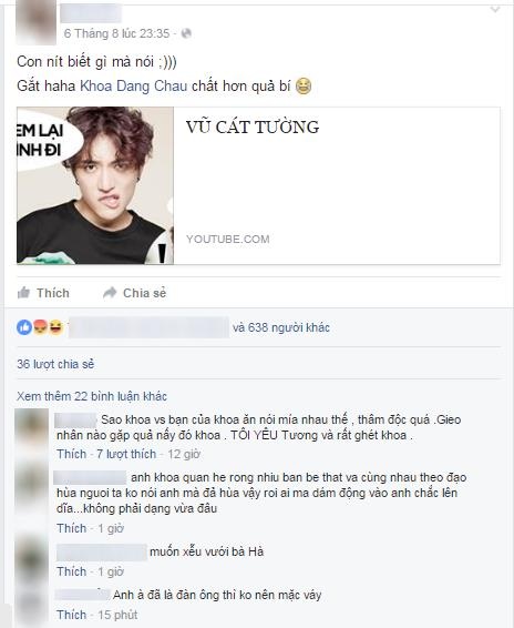Khi sao Việt “mất lòng” đồng nghiệp vì fans hiếu chiến - 4 Không dừng ở đó, Châu Đăng Khoa cũng thẳng thắn bảo vệ quan điểm của mình và cho rằng những người hâm mộ Vũ Cát Tường đang có hành động quá khích.