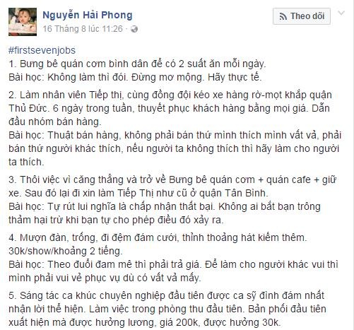 Trước khi thành công, nghệ sĩ Vbiz đã cực khổ thế nào? - 5 Là người có thâm niên làm nghề nên câu chuyện #firstsevenjobs của nhạc sĩ Nguyễn Hải Phong có phần gian nan và sâu sắc hơn hẳn khi sau mỗi công việc, anh đều rút ra bài học cũng như những quy luật rất “đời”.