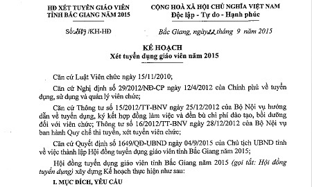 Bắc Giang “vượt mặt” các quy định về tuyển dụng viên chức? - 1 Kế hoạch xét tuyển dụng giáo viên năm 2015 của tỉnh Bắc Giang