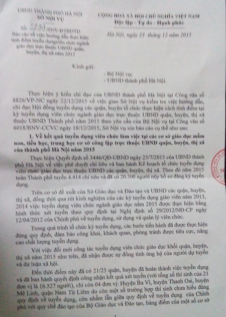 Sở Nội vụ Hà Nội “đẩy” trách nhiệm và báo cáo không trung thực? - 1
Văn bản báo cáo của Sở Nội vụ Hà Nội gửi về Bộ Nội vụ
