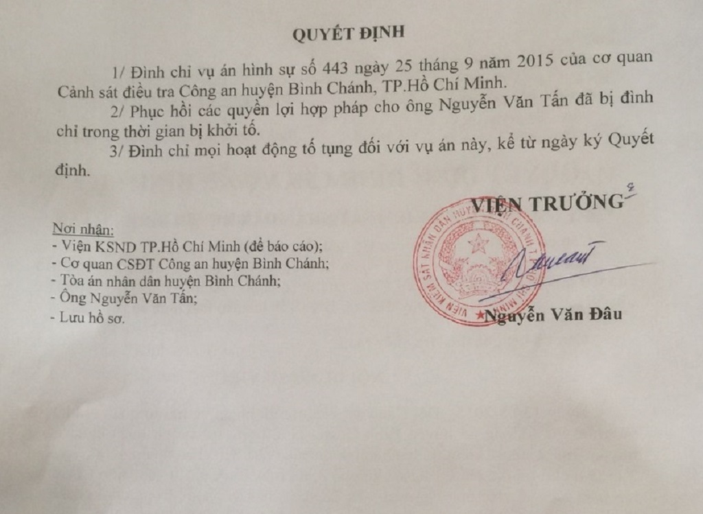 Quyết định đình chỉ vụ án đối với ông Tấn