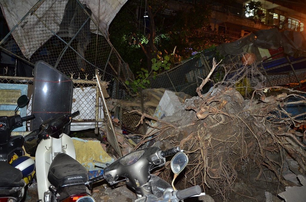 
Thân cây đè sập tường rào của bãi giữ xe.
