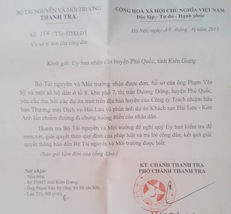 Vụ công ty “ăn” đường công cộng: Lãnh đạo huyện Phú Quốc khẳng định xử lý nghiêm - 5 Công văn Bộ Tài nguyên - Môi trường đề nghị UBND huyện Phú Quốc kiểm tra, giải quyết việc Công ty Hải Lưu bị tố xây dựng lấn chiếm đường công cộng.