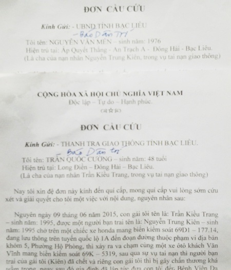 Tai nạn xảy ra hơn nửa năm, nạn nhân tử vong, cơ quan chức năng “dậm chân tại chỗ” - 1 Đơn kêu cứu của gia đình các nạn nhân bị tai nạn Nguyễn Trung Kiên và Trần Kiều Trang gửi cơ quan chức năng và báo Dân trí.