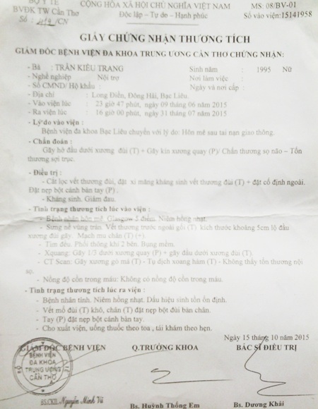 Tai nạn xảy ra hơn nửa năm, nạn nhân tử vong, cơ quan chức năng “dậm chân tại chỗ” - 3 Vụ tai nạn khiến Trần Kiều Trang bị thương rất nặng. Việc điều trị đến nay tốn trên 150 triệu đồng, trong khi gia đình nạn nhân khó khăn nhưng người gây ra tai nạn vẫn chưa được ngành chức năng xử lý theo quy định, dẫn đến gia đình nạn nhân rất bức xúc.