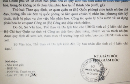 Đại gia tổ chức bắn pháo hoa trong đám cưới con là sai quy định - 2
Văn bản của Sở VH-TT&DL tỉnh Cà Mau báo cáo UBND tỉnh về việc bắn pháo hoa tại đám cưới con đại gia Nguyễn Việt Cường.