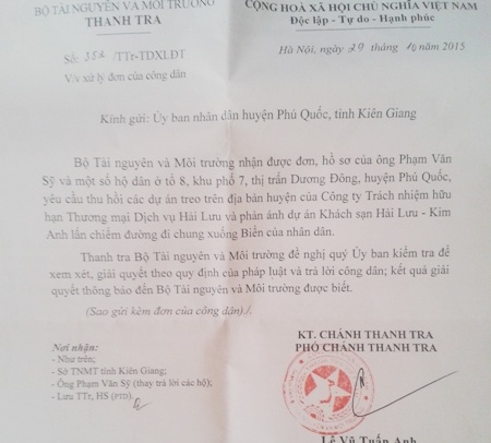 Kiên Giang: Dân "khóc", Trung ương chỉ đạo, chính quyền "bình chân như vại" - 4 Bộ Tài nguyên - Môi trường cũng có công văn đề nghị UBND huyện Phú Quốc kiểm tra, giải quyết vụ việc từ tháng 10/2015.