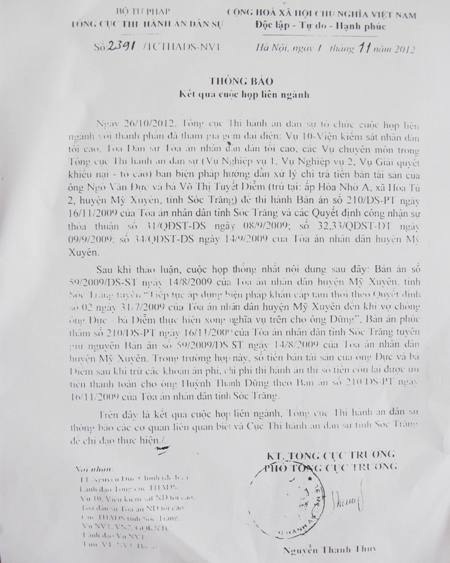Văn bản hướng dẫn của Tổng cục THADS trước đó đã vô tác dụng với Chi cục THADS huyện Mỹ Xuyên, Sóc Trăng.
