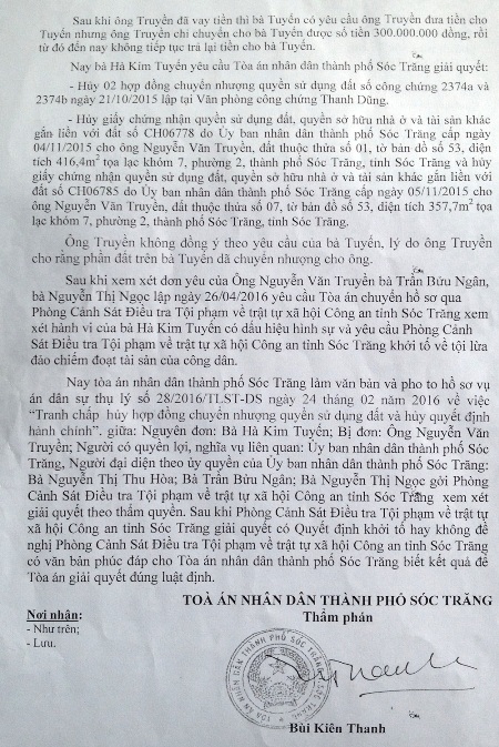 Sóc Trăng: Khuất tất trong vụ án “đứng tên giùm” giấy tờ đất - 2 Văn bản tố tụng mà TAND TP. Sóc Trăng đề nghị Cơ quan điều tra xử lý hình sự bà Tuyến.