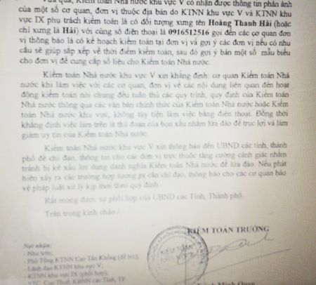 Cảnh báo đối tượng giả mạo Kiểm toán nhà nước để trục lợi - 1 Công văn Kiểm toán Nhà nước khu vực V gửi các địa phương cảnh báo đối tượng giả mạo.