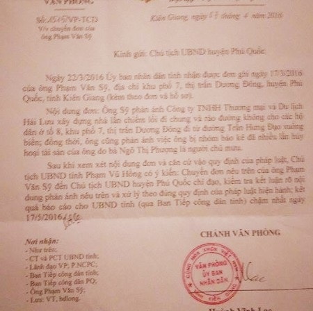 Doanh nghiệp ngang nhiên chiếm đường công cộng: Thanh tra Bộ Xây dựng đề nghị xử lý - 9 Văn bản chỉ đạo của UBND tỉnh Kiên Giang yêu cầu Chủ tịch huyện Phú Quốc xem xét xử lý vụ lấn chiếm đường công cộng và hủy hoại tài sản liên quan đến Công ty Hải Lưu. Tuy nhiên, dù thời hạn báo cáo xử lý là ngày 17/5/2016, nhưng cho đến nay vụ việc vẫn rơi vào im lặng một cách khó hiểu.