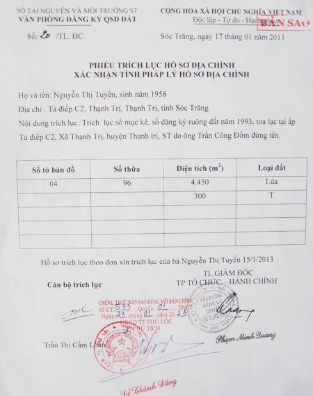 “Đất đứng tên người dân, sổ đỏ cấp cho xã”: Hết sức vô lý! - 5 Xác nhận của Sở TN-MT Sóc Trăng khẳng định đất của gia đình bà Tuyến.