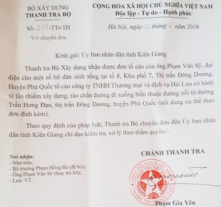 Doanh nghiệp ngang nhiên chiếm đường công cộng: Thanh tra Bộ Xây dựng đề nghị xử lý - 1 Văn bản của Thanh tra Bộ Xây dựng chuyển UBND tỉnh Kiên Giang chỉ đạo kiểm tra, xử lý vụ Công ty Hải Lưu bị tố xây dựng lấn chiếm đường công cộng.