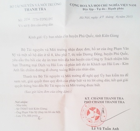 Doanh nghiệp ngang nhiên chiếm đường công cộng: Thanh tra Bộ Xây dựng đề nghị xử lý - 2 Thanh tra Bộ Tài Nguyên - Môi trường cũng từng có văn bản gửi UBND huyện Phú Quốc kiểm tra xử lý vụ việc.