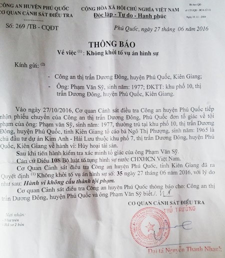 Doanh nghiệp ngang nhiên chiếm đường công cộng: "Định giá thiệt hại tài sản chưa thuyết phục!" - 10 Cơ quan CSĐT Công an huyện Phú Quốc ra thông báo không khởi tố vụ án hình sự Hủy hoại tài sản.