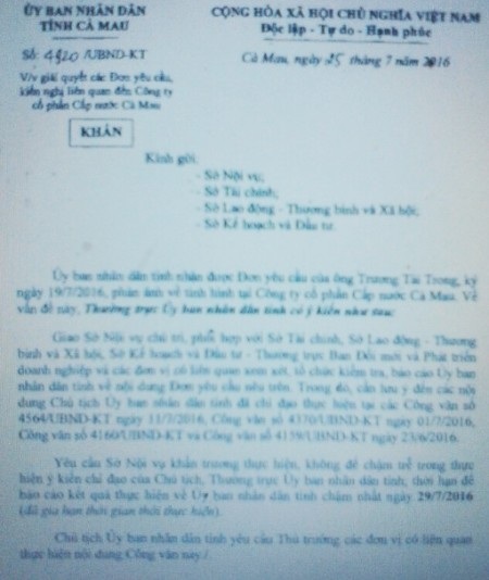Hơn trăm công nhân viên mất việc trong "nháy mắt": Yêu cầu khẩn trương kiểm tra làm rõ! - 4 Thường trực UBND tỉnh Cà Mau yêu cầu các Sở, Ban ngành xem xét, làm rõ những thông tin người lao động phản ánh về Công ty Cấp nước Cà Mau.