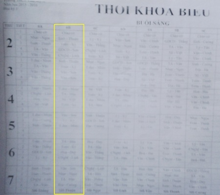 Bị "tố" sai phạm, Phó hiệu trưởng vẫn được "ưu ái" giao quyền... điều hành trường - 3 ... nhưng thời khóa biểu ở lớp 6B (cột màu vàng) lại không có một tiết dạy nào của ông Tài.
