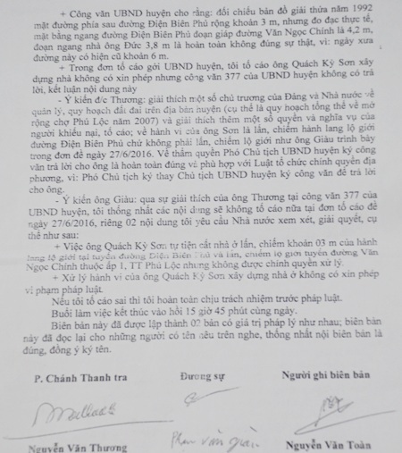 Biên bản làm việc giữa Thanh tra Nhà nước huyện Thạnh Trị và người tố cáo. Trong đó có ý kiến của lãnh đạo Thanh tra xác định, hành vi của ông Sơn là lấn, chiếm hành lang lộ giới.