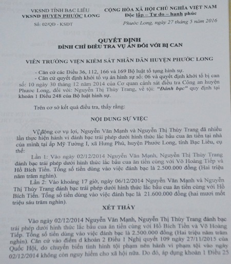 Quyết định đình chỉ điều tra vụ án đối với chị Nguyễn Thị Thùy Trang.