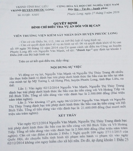 Quyết định đình chỉ điều tra vụ án đối với anh Nguyễn Văn Mạnh.