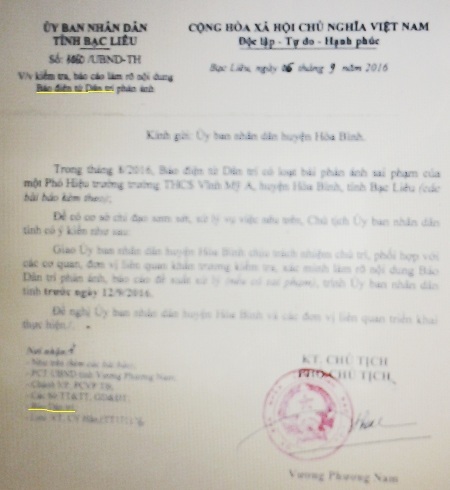 Phó hiệu trưởng bị tố sai phạm vẫn được giao điều hành trường: Chủ tịch tỉnh chỉ đạo xử lý - 1 Công văn chỉ đạo của UBND tỉnh Bạc Liêu liên quan đến Trường THCS Vĩnh Mỹ A, huyện Hòa Bình, tỉnh Bạc Liêu.