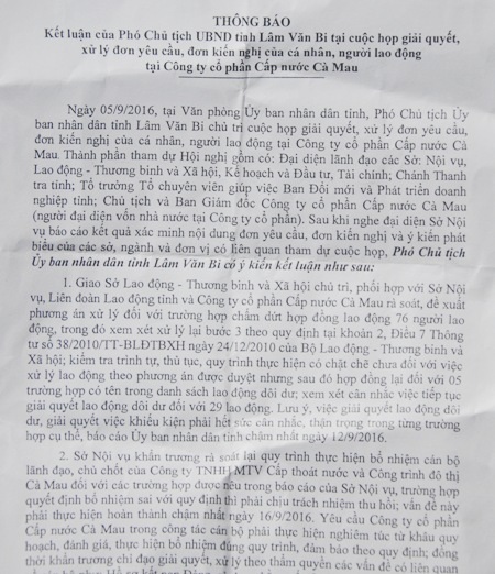 Ý kiến kết luận và chỉ đạo của Phó Chủ tịch UBND tỉnh Cà Mau.
