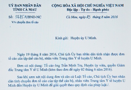 Công văn của UBND tỉnh Cà Mau chuyển phản ánh đến Huyện ủy U Minh để chỉ đạo xử lý theo quy định.