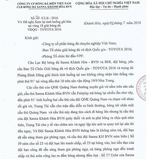Bức xúc với trọng tài, Khánh Hoà đòi đá lại trận gặp Quảng Nam - 3 Công văn yêu cầu được đá lại trận đấu với Quảng Nam...