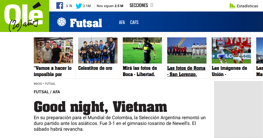 Tờ Ole (Argentina) dành lời khen ngợi đội tuyển futsal Việt Nam
