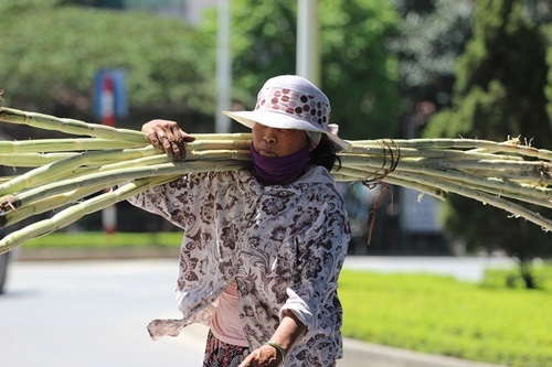 Nước mía, trà đá là hai mặt hàng bán chạy nhất trong các buổi trưa nắng. Để tránh cái nắng, người phụ bán nước giải khát này cũng phải trang bị mũ áo chống nắng rất cẩn thận