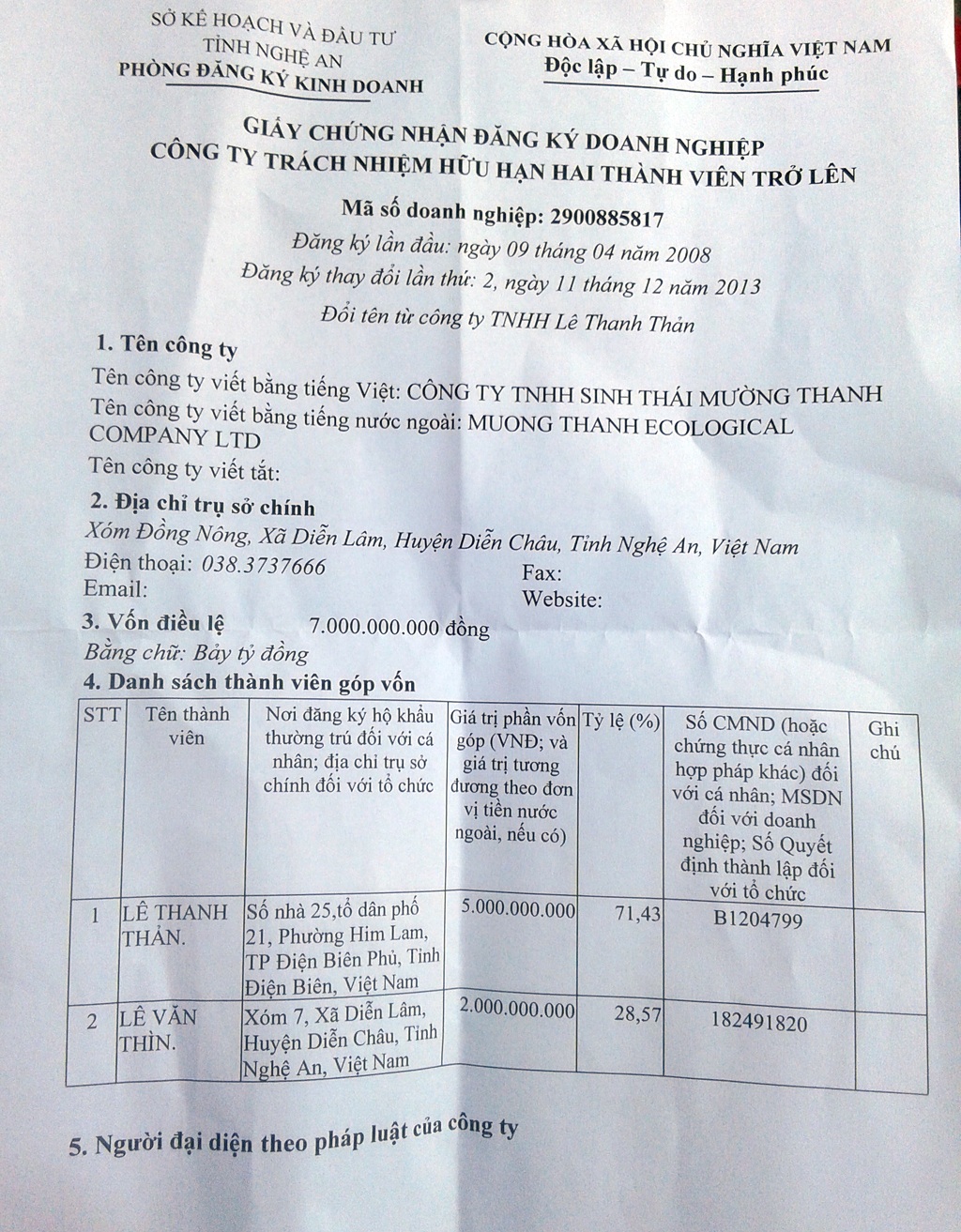 
Giấy chứng nhận đăng ký doanh nghiệp của Khu sinh thái Mường Thanh (còn gọi là Khu Sinh thái Trại Bò).
