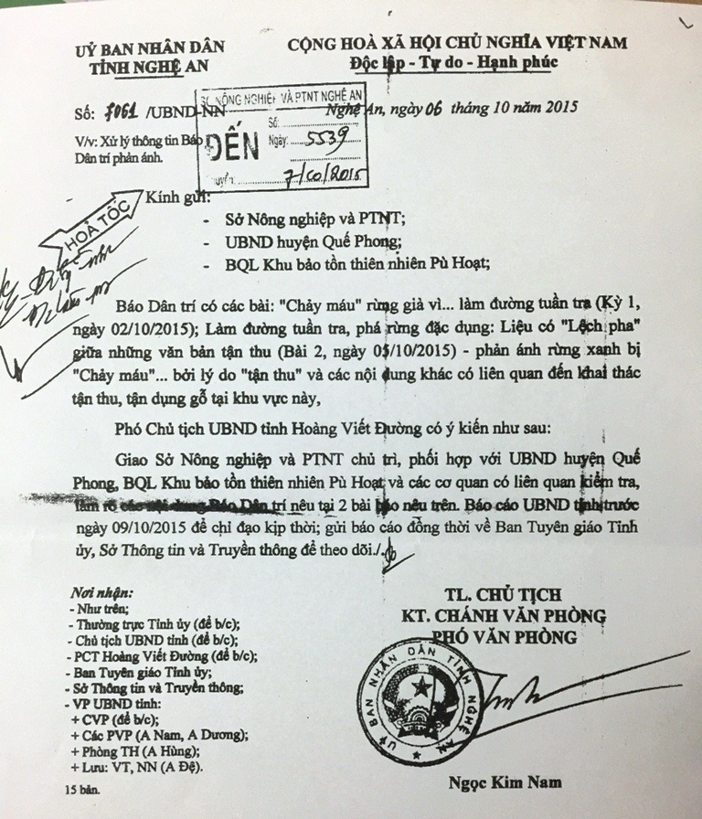 Công văn Phó chủ tịch UBND tỉnh Nghệ An chỉ đạo các Sở, ban ngành liên quan kiểm tra xử lý vấn đề báo Dân trí nêu.