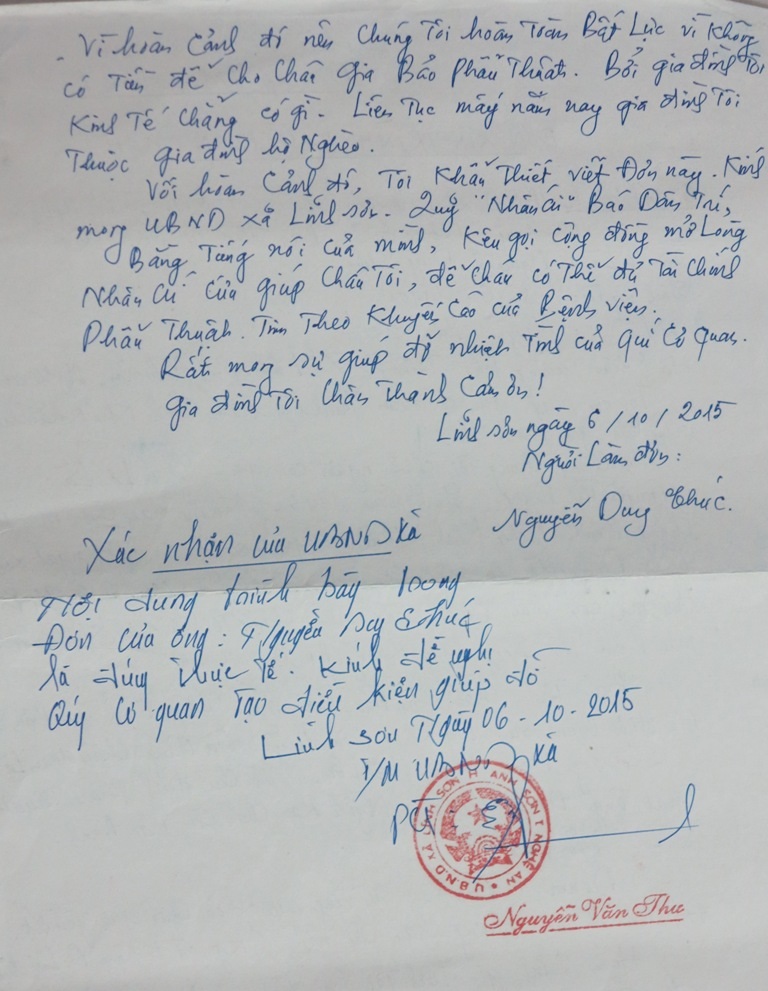Đơn xác nhận hoàn cảnh gia đình của Nguyễn Duy Chúc.